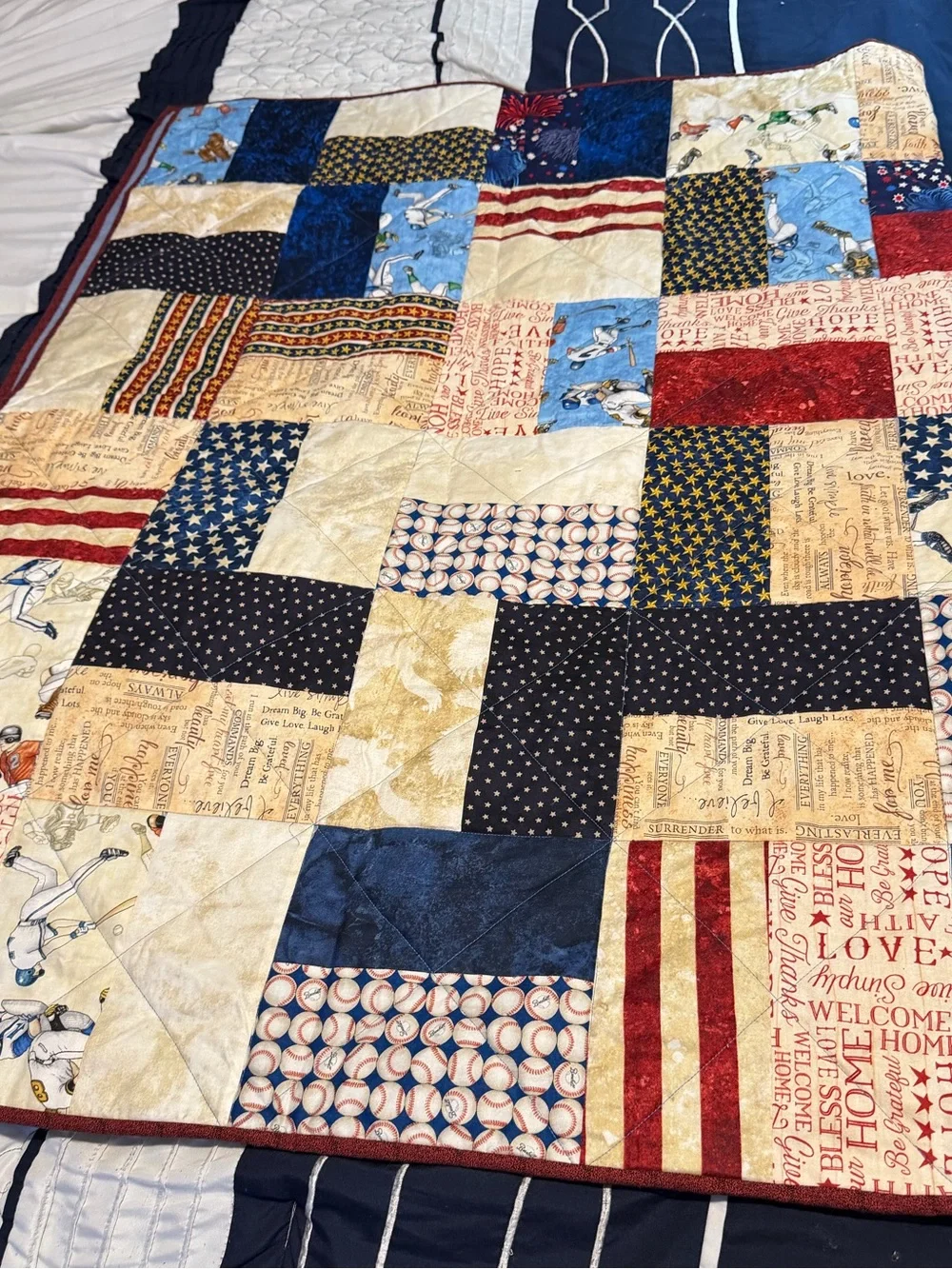 Patriotic Patchwork Quilt - Red, Blue & Cream Americana Bedding
